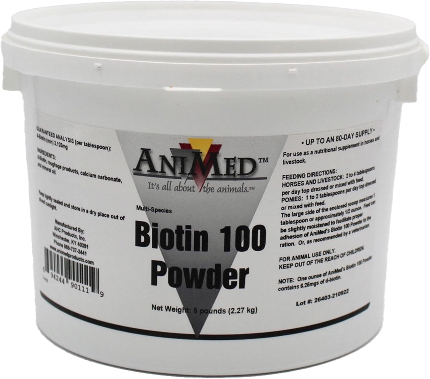 AniMed Biotin 100 five pounds tub front view premium equine nutritional supplement.