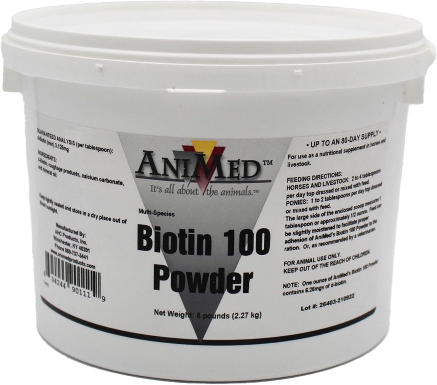 AniMed Biotin 100 five pounds tub front view premium equine nutritional supplement.