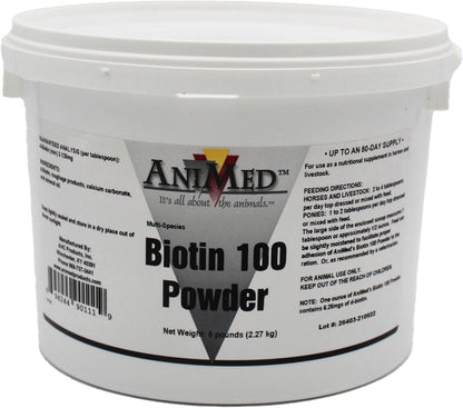 AniMed Biotin 100 five pounds tub front view premium equine nutritional supplement.