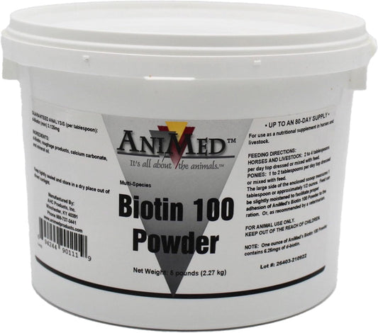 AniMed Biotin 100 five pounds tub front view premium equine nutritional supplement.