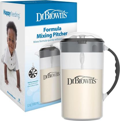 Dr. Brown's Baby Formula Mixing Pitcher front view showing the black locking lid and clear 36 ounce container.