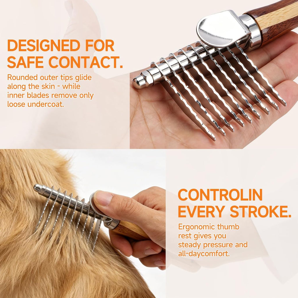 Close up of double sided pet grooming rake teeth removing loose fur