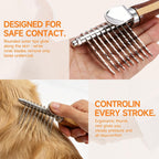 Close up of double sided pet grooming rake teeth removing loose fur