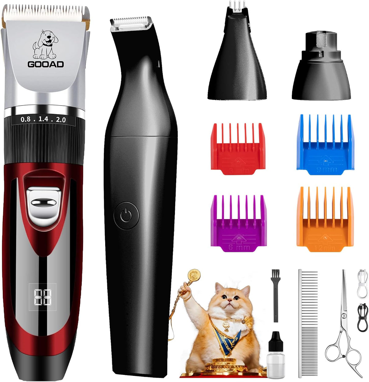 Gooad professional cat clippers front view showing the red and black metallic finish and LCD screen.