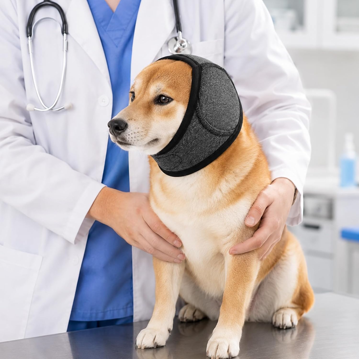 Small breed dog staying calm wearing Yuyuso anti anxiety ear muff