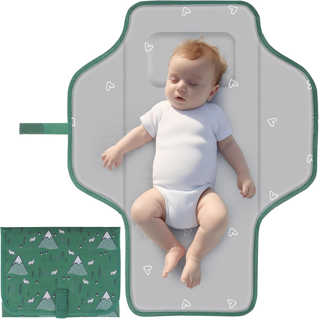 Phoebus Baby portable diaper changing pad green rabbit front view closed clutch position