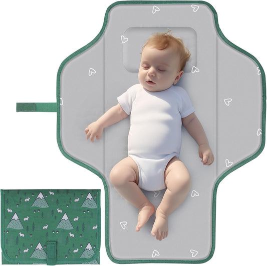 Phoebus Baby portable diaper changing pad green rabbit front view closed clutch position