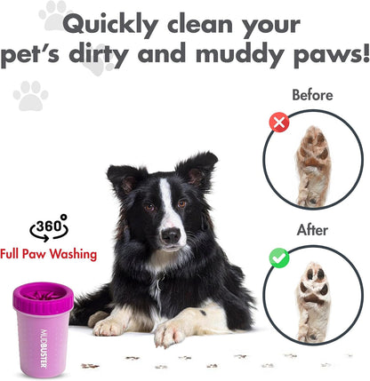 Dexas MudBuster portable pet washer being filled with water for dog paw cleaning preparation