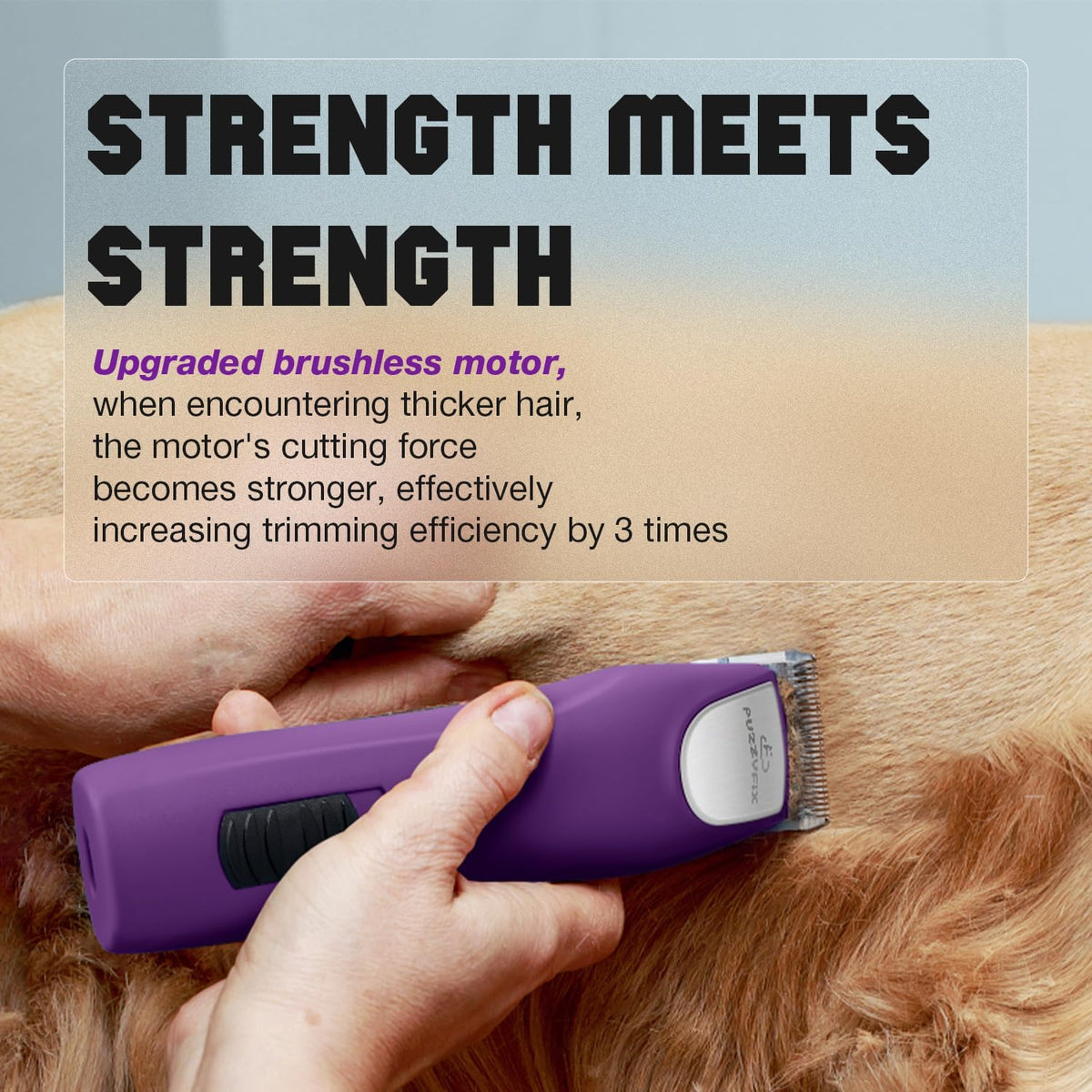 FuzzyFix cordless pet hair trimmer being held to demonstrate the ergonomic anti fatigue handle.