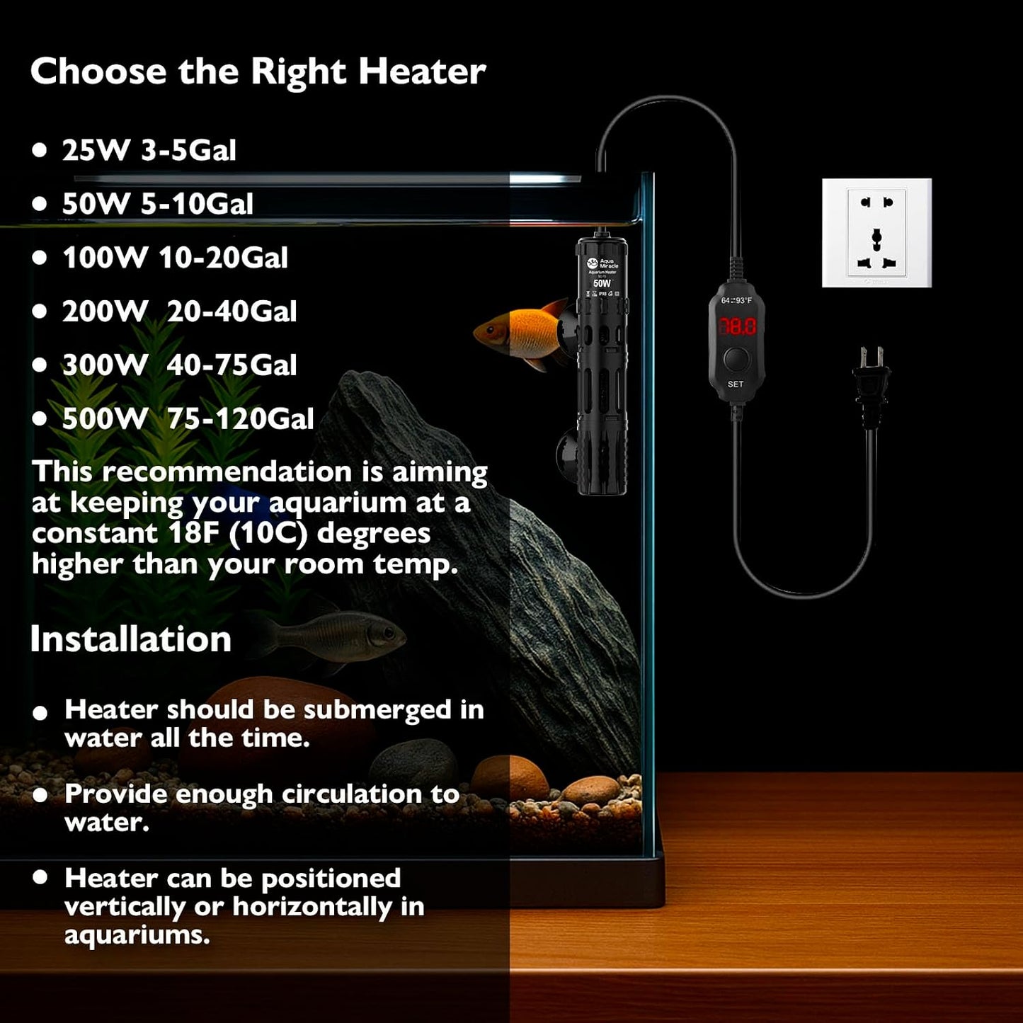 AquaMiracle 50W heater suitable for saltwater and freshwater tanks