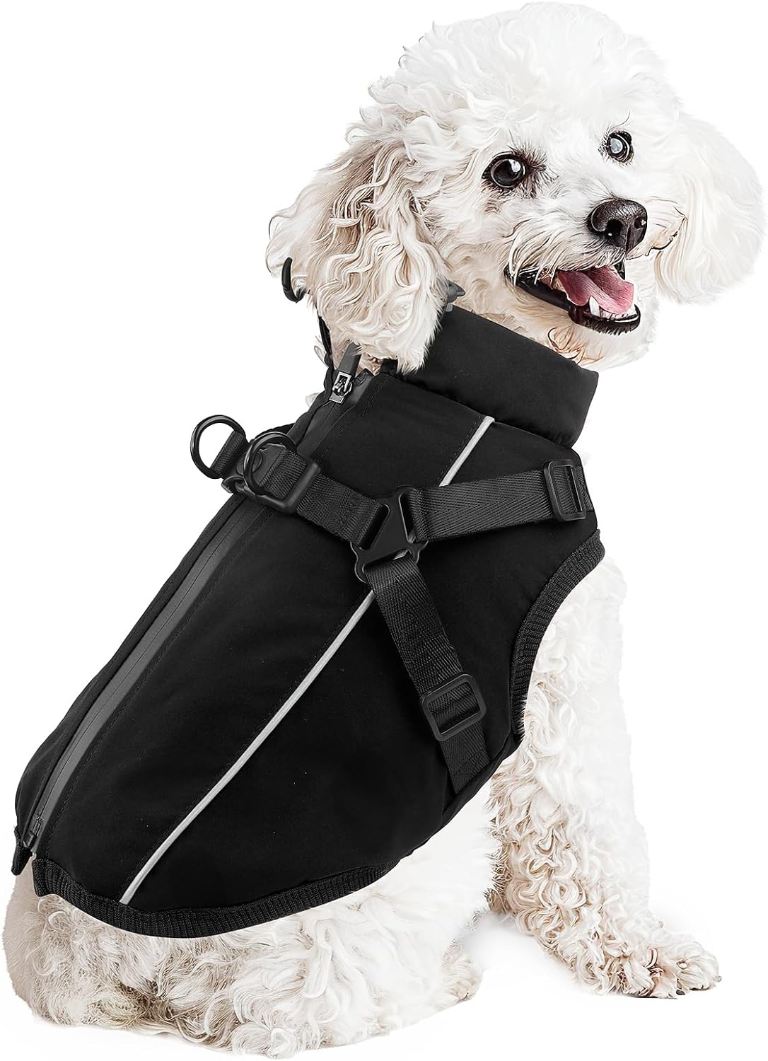Fiveda cold weather dog jacket black small size showing back zipper details