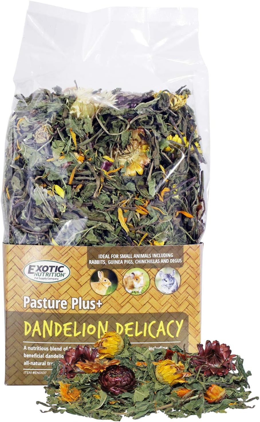 Exotic Nutrition Pasture Plus Dandelion Delicacy front packaging showing dried flower pet treat ingredients