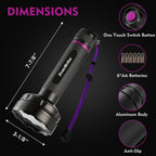 EverBrite heavy duty aluminum blacklight flashlight alongside the six included AA batteries.