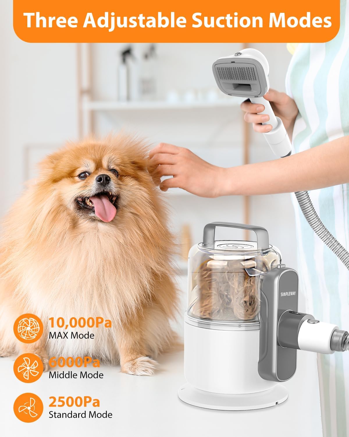 Off white pet grooming vacuum cleaner with interchangeable deshedding brush attachments