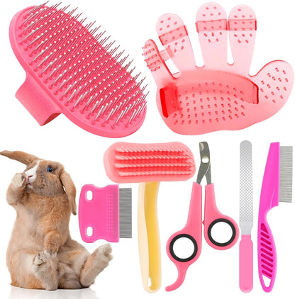 Kalamanda 7 piece rabbit grooming kit pink front view of complete pet care set.