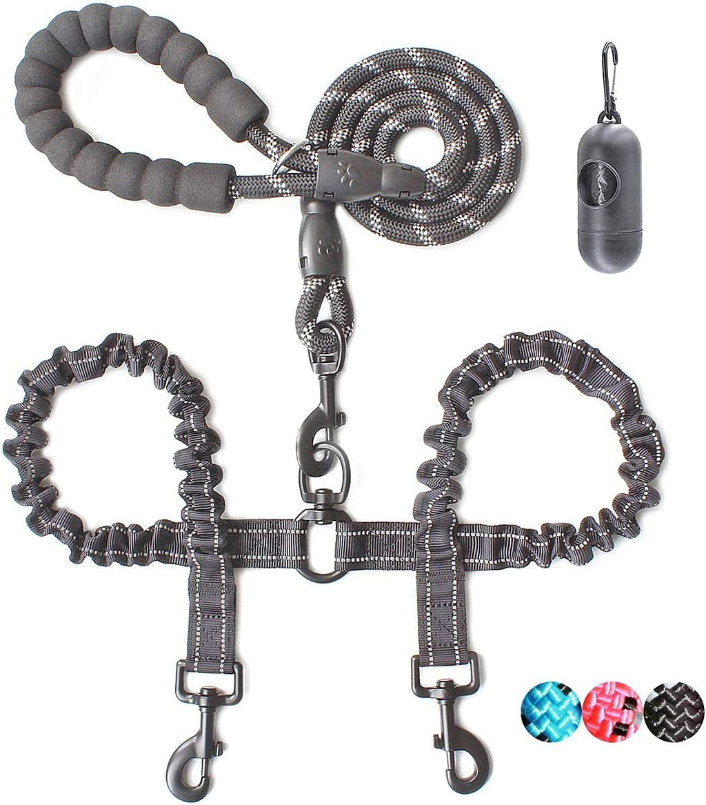 BAAPET dual small dog leash package laid out with lemon scented waste bags.