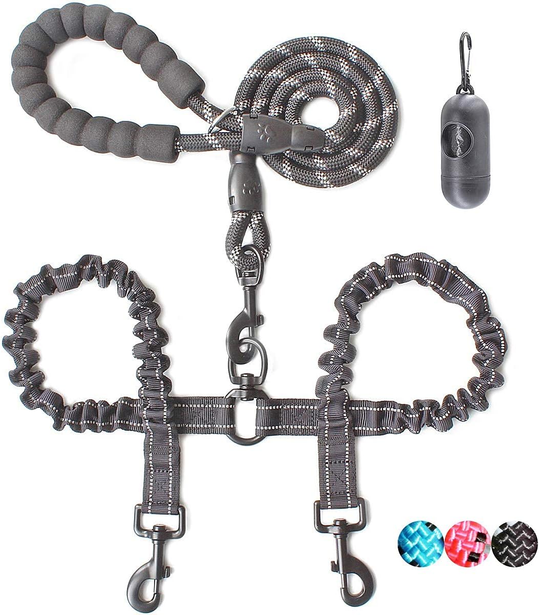 BAAPET dual small dog leash package laid out with lemon scented waste bags.