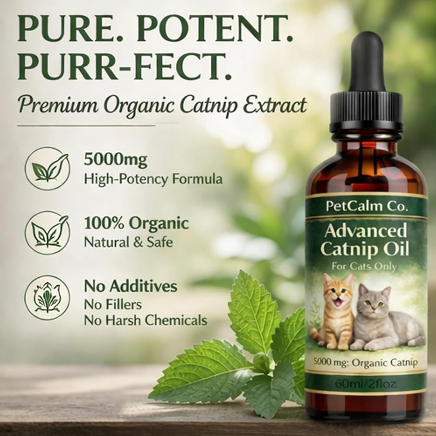 PetCalm Co Advanced Catnip Oil sixty milliliter amber glass bottle with dropper lid