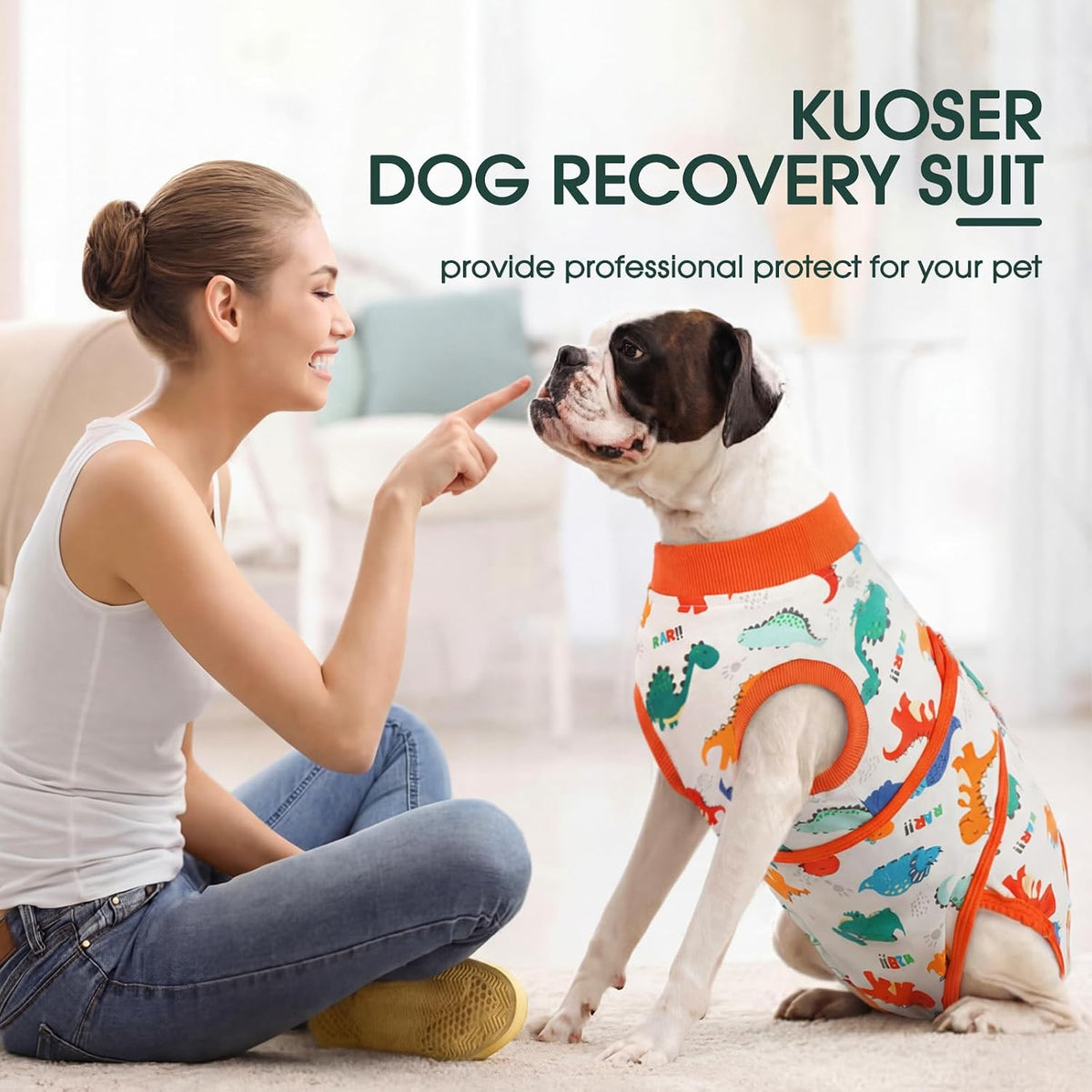 Dog comfortably sitting wearing Kuoser abdominal wound protector