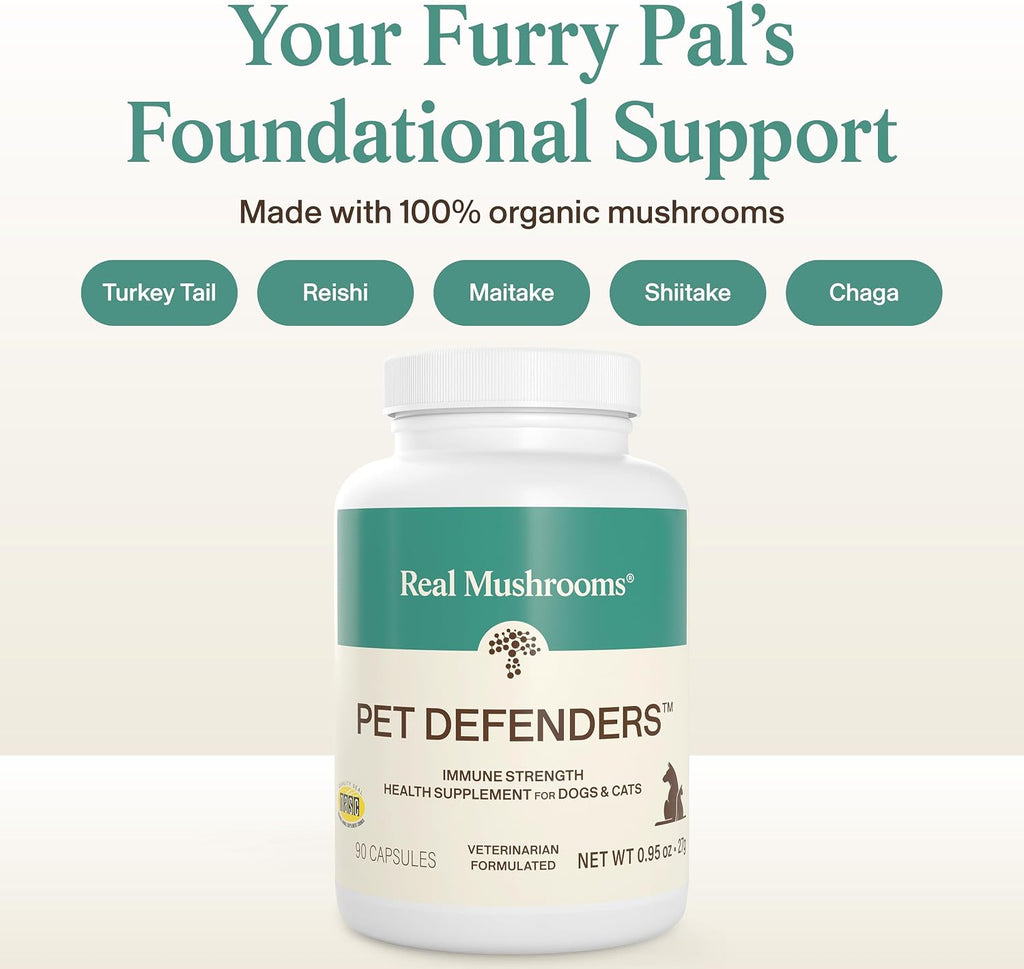 Real Mushrooms 5 Defenders capsule blend for dog and cat digestion health