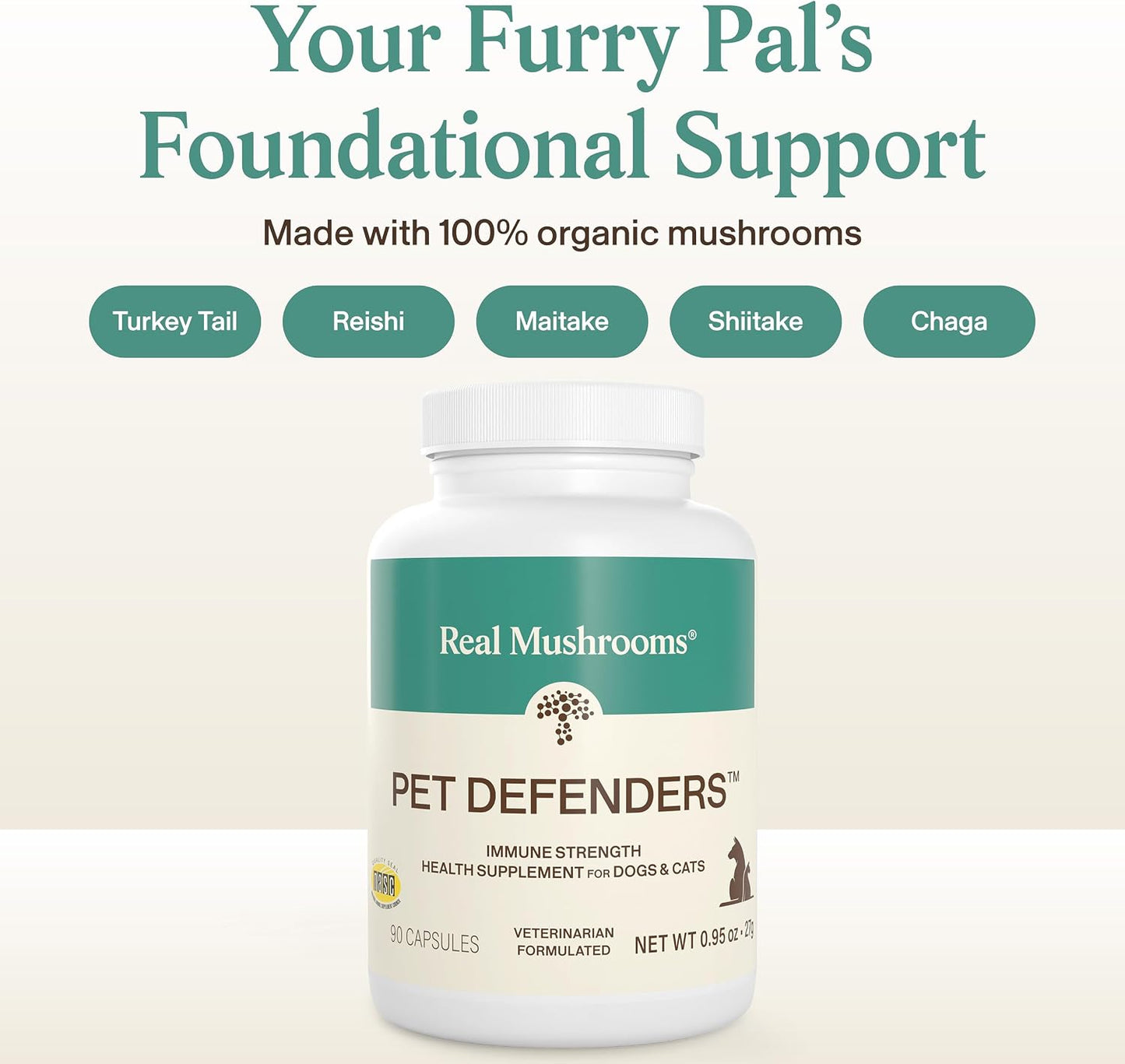 Real Mushrooms 5 Defenders capsule blend for dog and cat digestion health