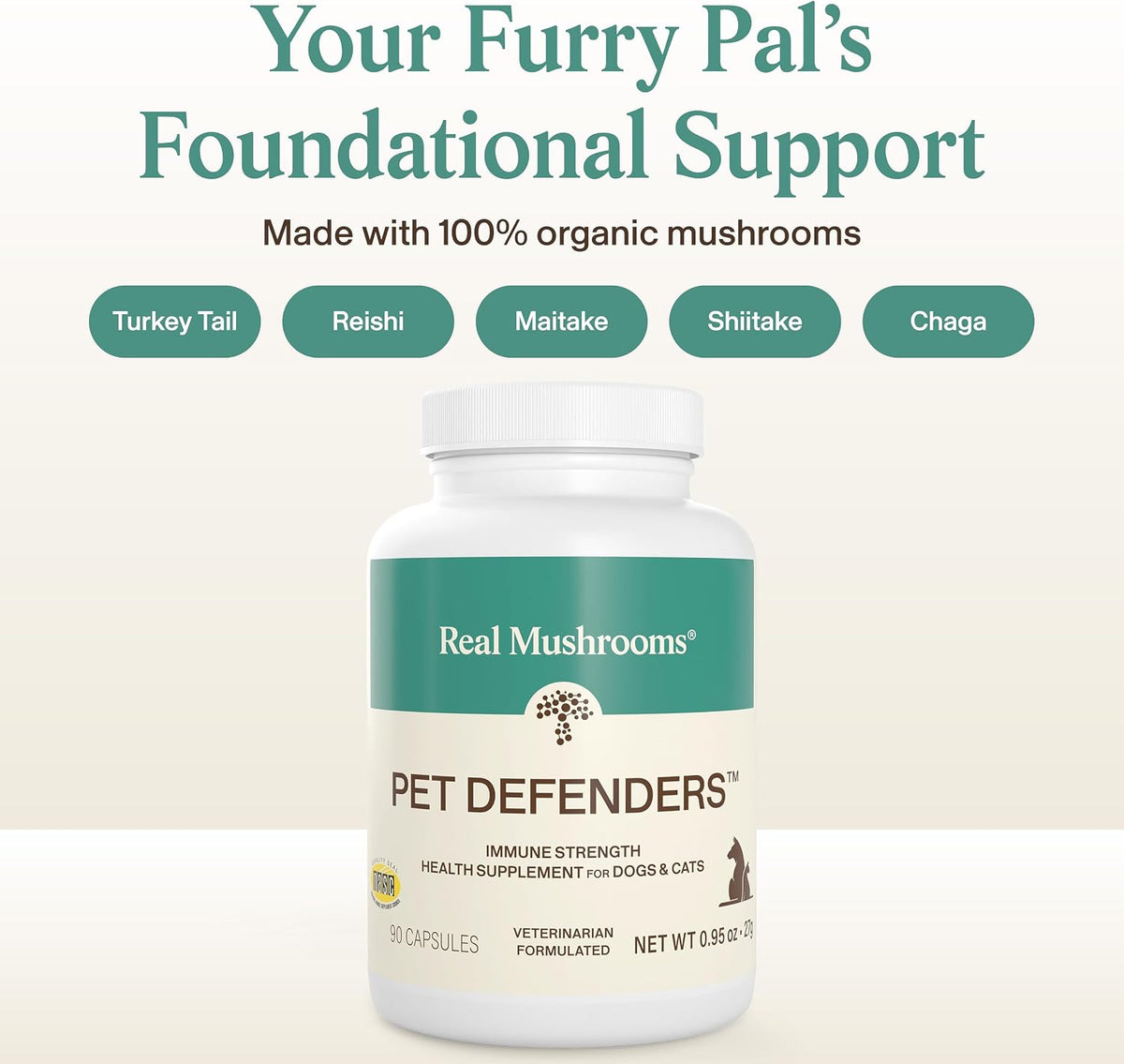 Real Mushrooms 5 Defenders capsule blend for dog and cat digestion health