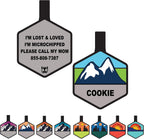 Engraved pet safety tag with clear visible phone number and microchip ID lines.