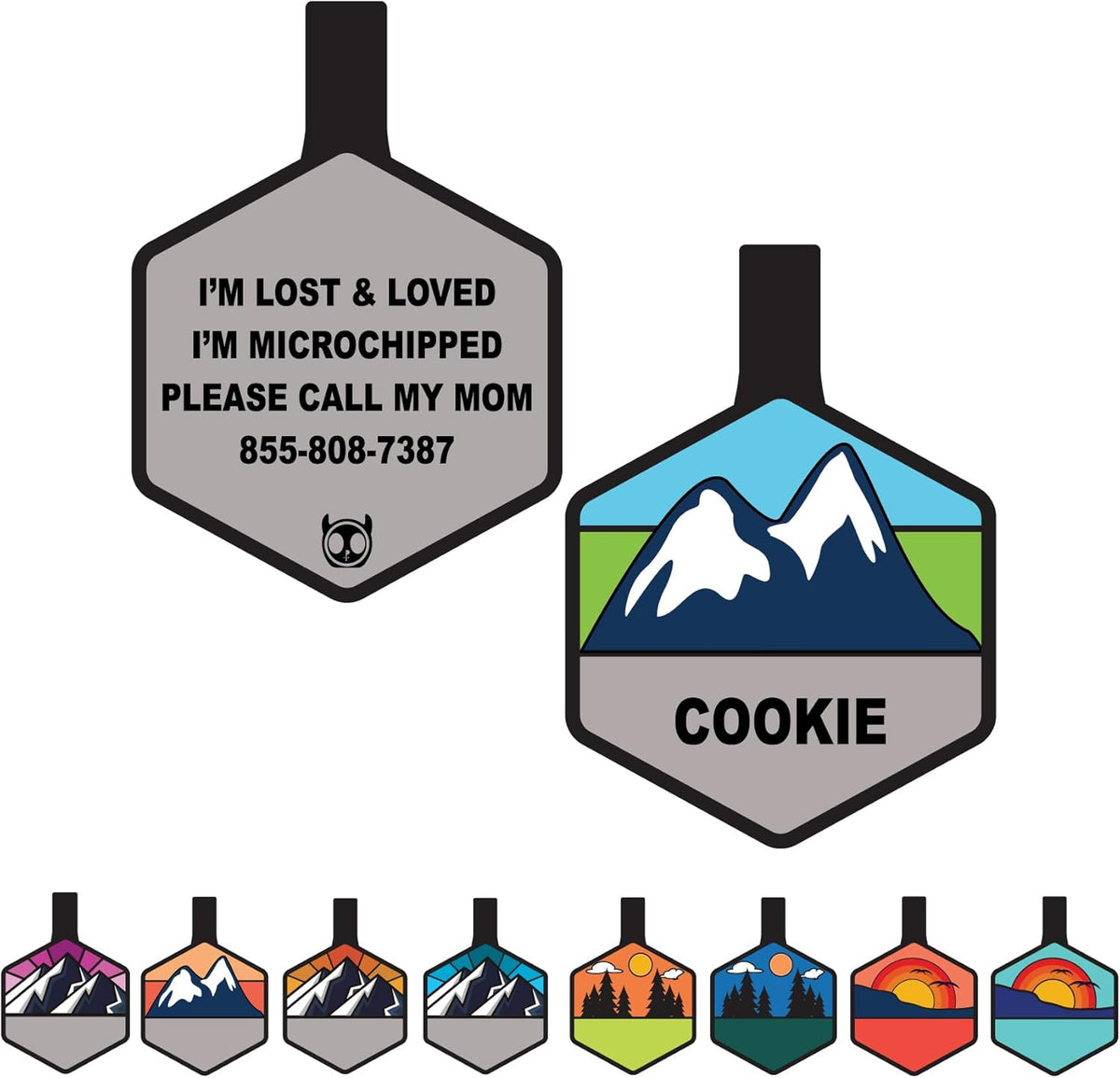 Engraved pet safety tag with clear visible phone number and microchip ID lines.