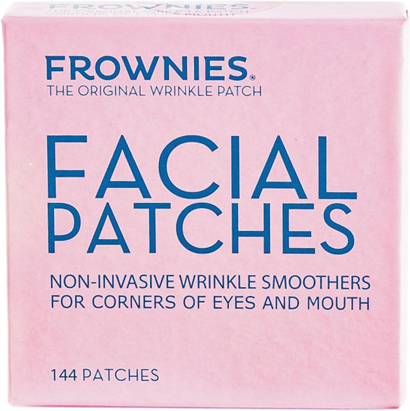 Frownies Corners of Eyes and Mouth 144 Patches front view of the packaging showcasing the authentic anti wrinkle face tape.