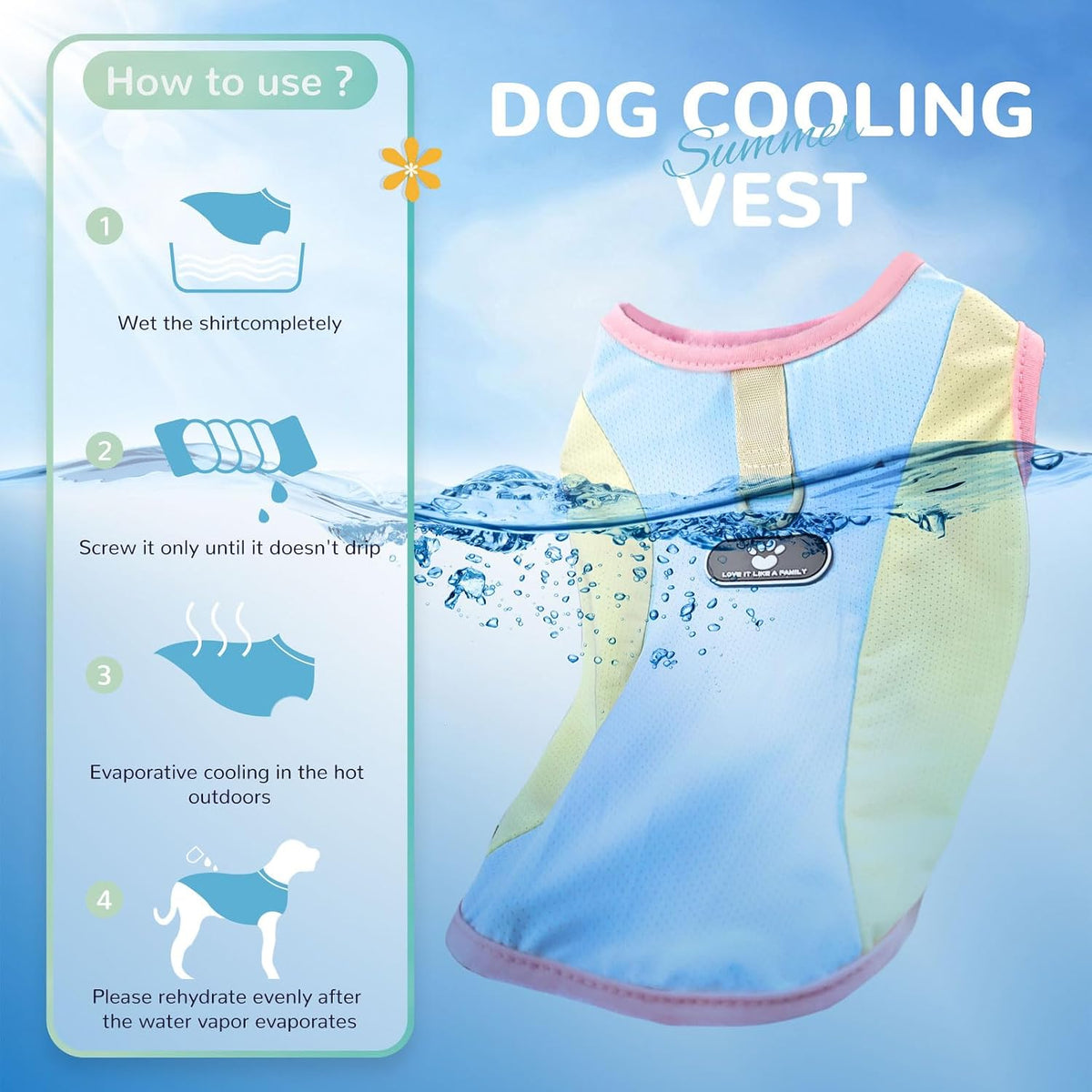 Small puppy wearing blue and yellow cooling vest