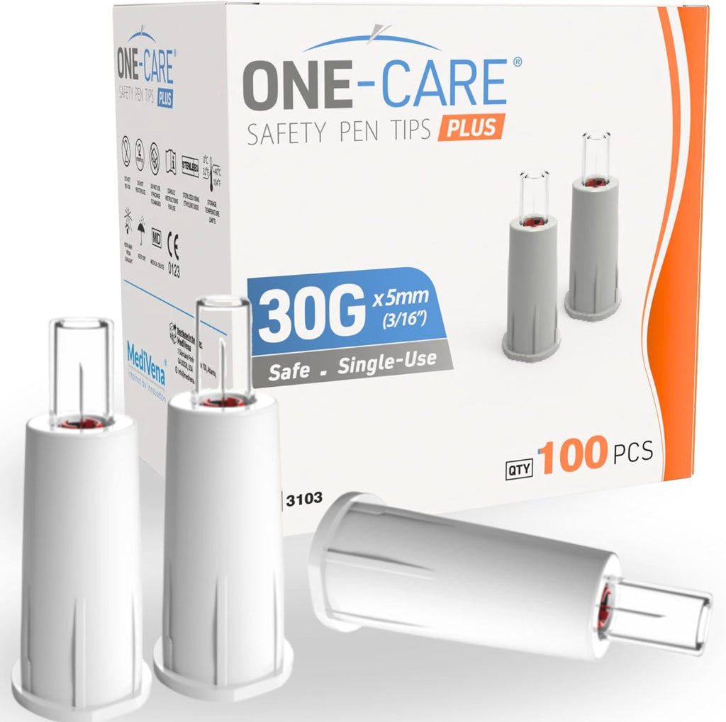ONE-CARE Plus Safety Pen Tips 100 count box front view for diabetic care