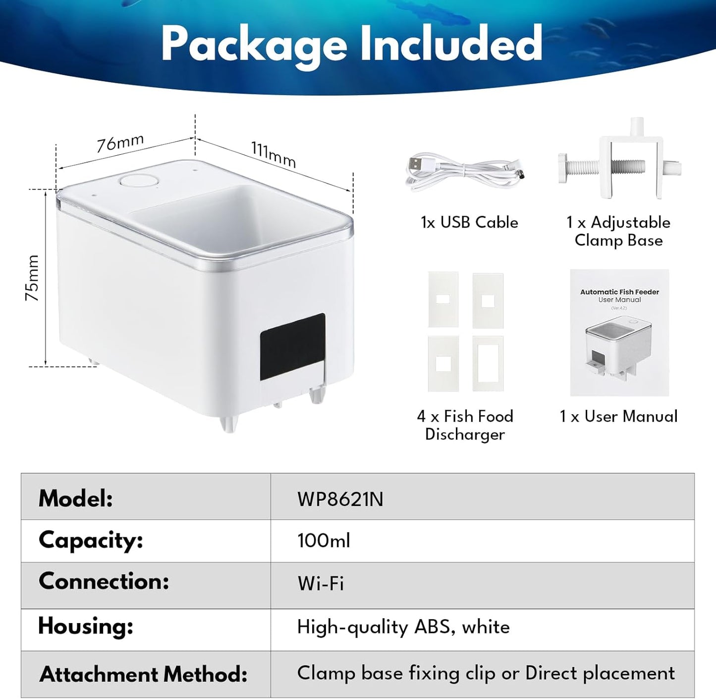 HSUCCCT black automatic fish food dispenser packaging box content items