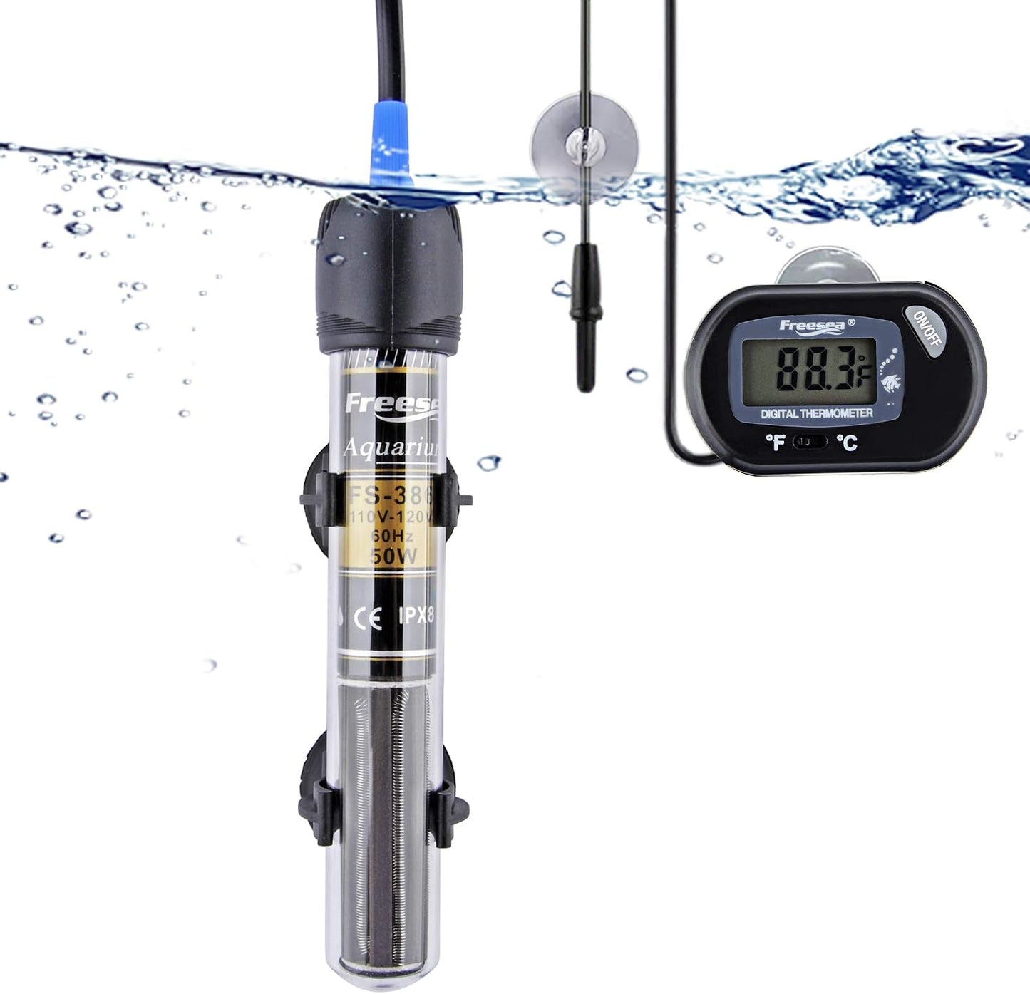Freesea 300 Watt Aquarium Heater front view with thermometer