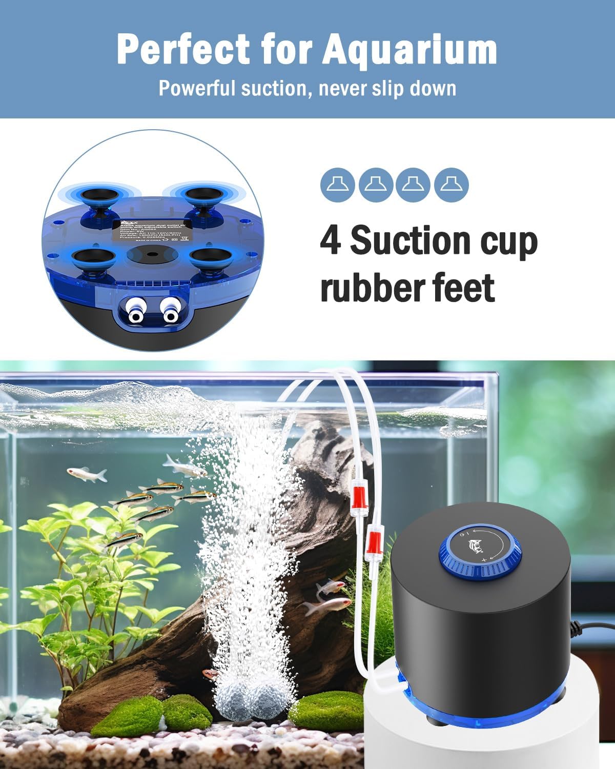 AQQA Aquarium Air Pump, Quiet Powerful Fish Tank Air Pump 3W/6W/10W with Stainless Steel Dual Outlet, Adjustable Oxygen Aerator Pump with Air Stone Bubbler for Fish Tank Up to 200 Gallon 3W (Tubby) - Image 5