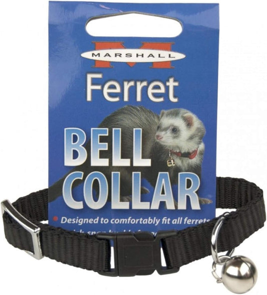 Marshall Pet Products Ferret Bell Collar front view showing the black nylon strap and attached silver tracking bell.