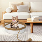 Cat resting inside round woven rope basket bed