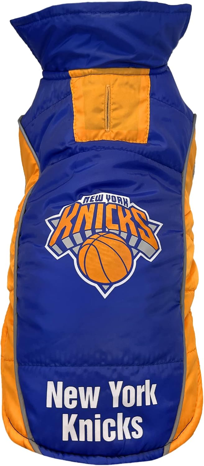 NBA New York Knicks Puffer Vest for Dogs & Cats, Size Medium. Warm, Cozy, and Waterproof Dog Coat, for Small and Large Dogs/Cats. Best NBA Licensed PET Warming Sports Jacket - Image 1