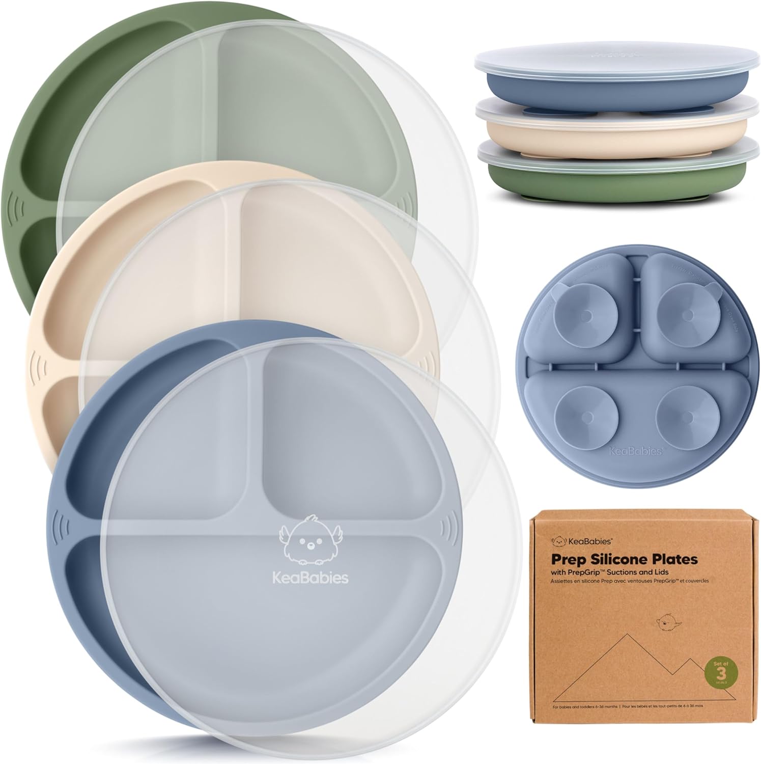 KeaBabies Prep Silicone Suction Plates with lids front view
