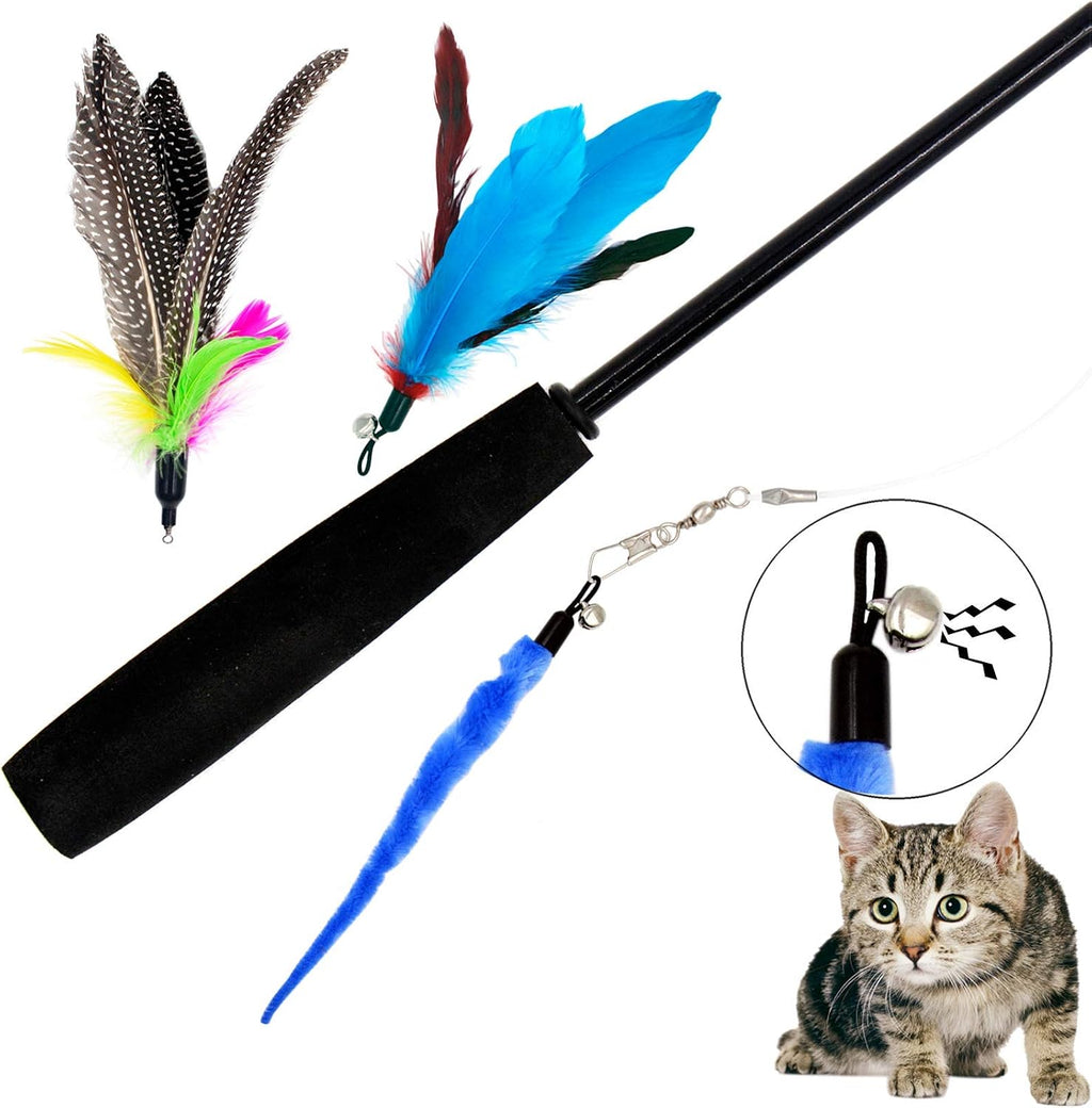Full collection of ten pieces of colorful cat feather and worm teaser replacements for indoor kitten exercise.