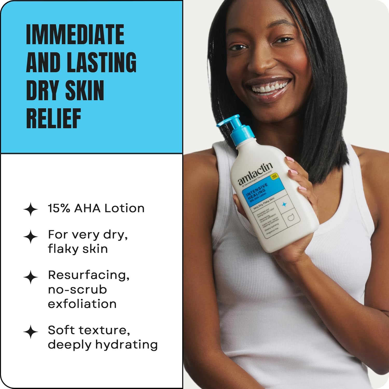 Back view of the AmLactin Intensive Healing Lotion bottle highlighting the complete ingredient list and directions.