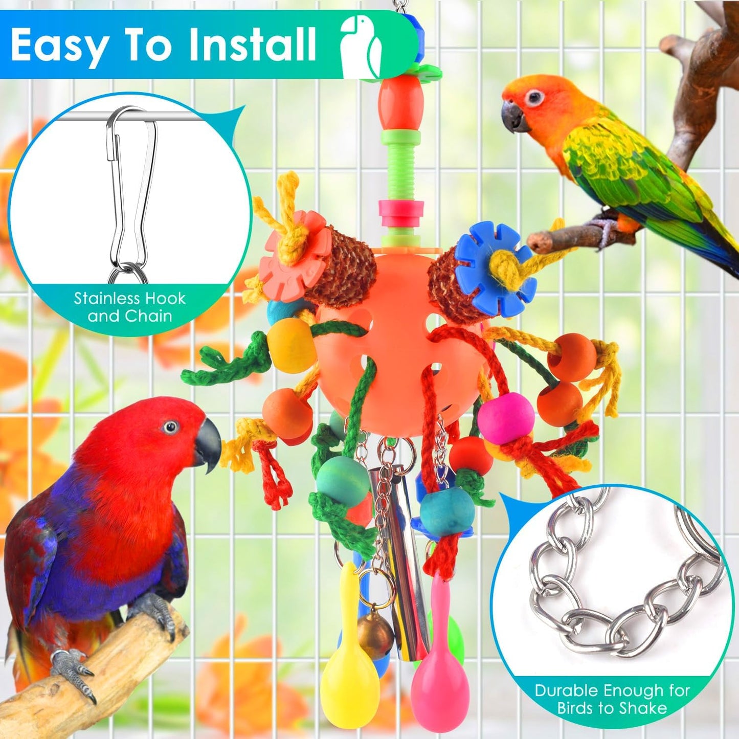 Stainless steel hanging chain hook assembly on KATUMO parrot toy