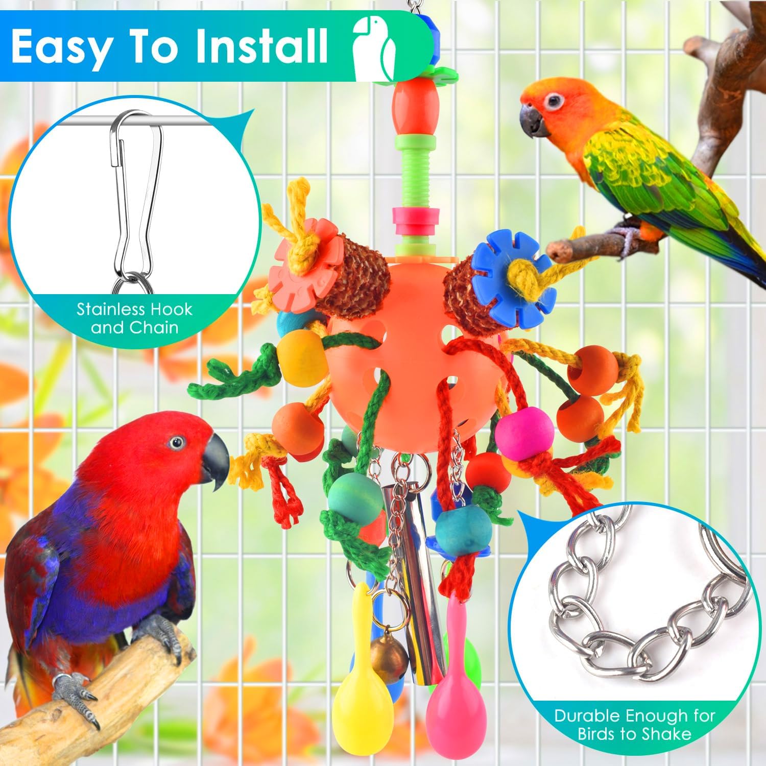 Stainless steel hanging chain hook assembly on KATUMO parrot toy