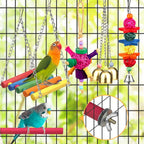 Complete 9-piece assortment of interactive bird cage toys