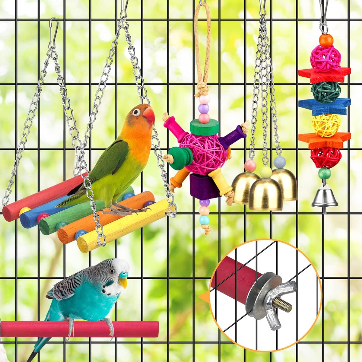 Complete 9-piece assortment of interactive bird cage toys