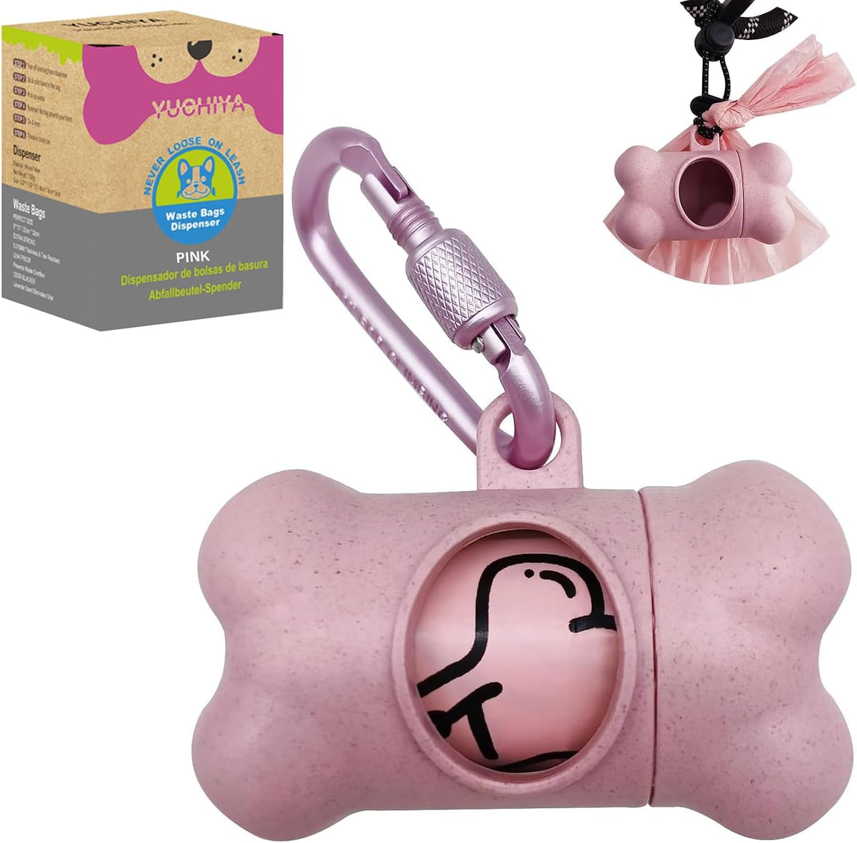 YUCHIYA dog poop pickup bags holder dispenser pink front view