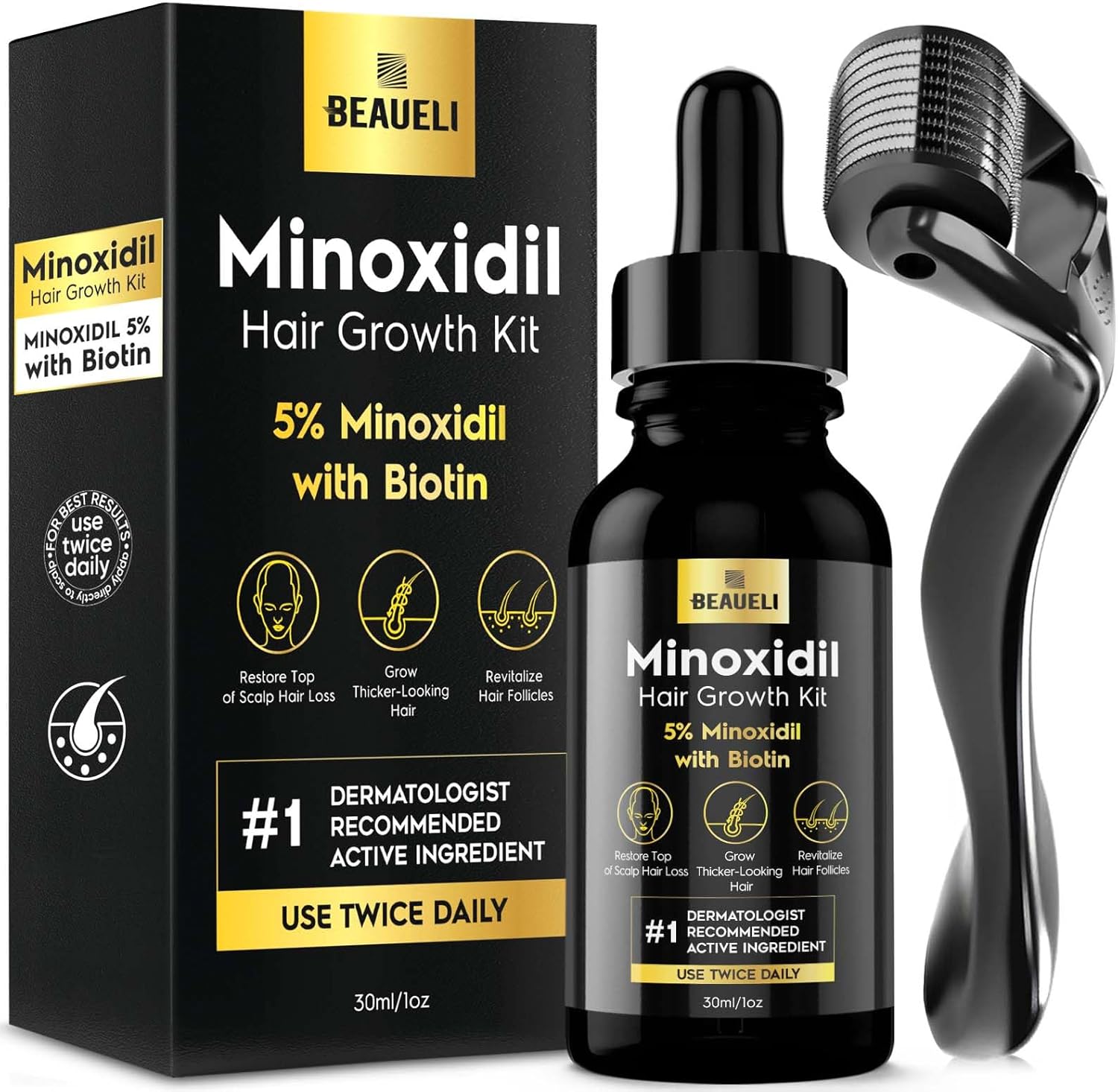 Beaueli Minoxidil Five Percent Beard and Hair Growth Kit front view showing the premium black packaging and serum bottle for hair loss treatment.