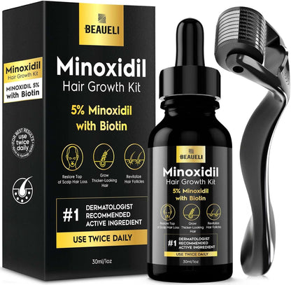 Beaueli Minoxidil Five Percent Beard and Hair Growth Kit front view showing the premium black packaging and serum bottle for hair loss treatment.