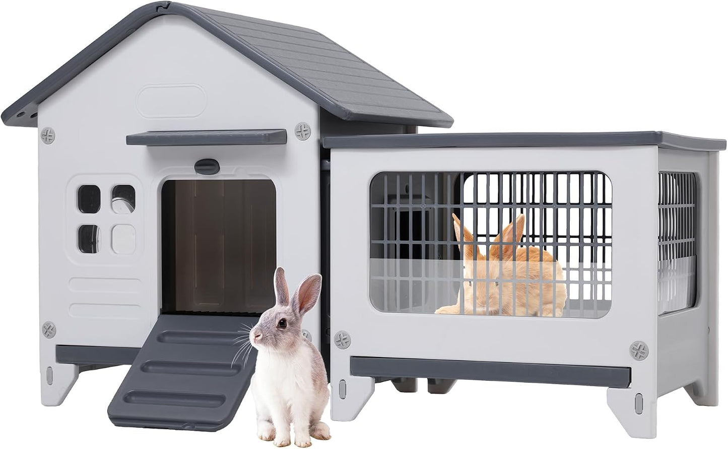 Rabbit Hutch Indoor & Outdoor with Extended Play Area, Plastic Rabbit Hutch with Sloped Roof Drainage, Panoramic Windows, Urine Barrier & Pull-Out Tray, Rabbit Cage with Run Easy to Clean and Assemble - Image 1