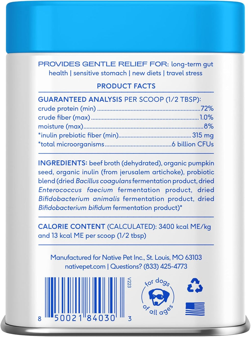 Sixty scoops dog digestive health powder packaging