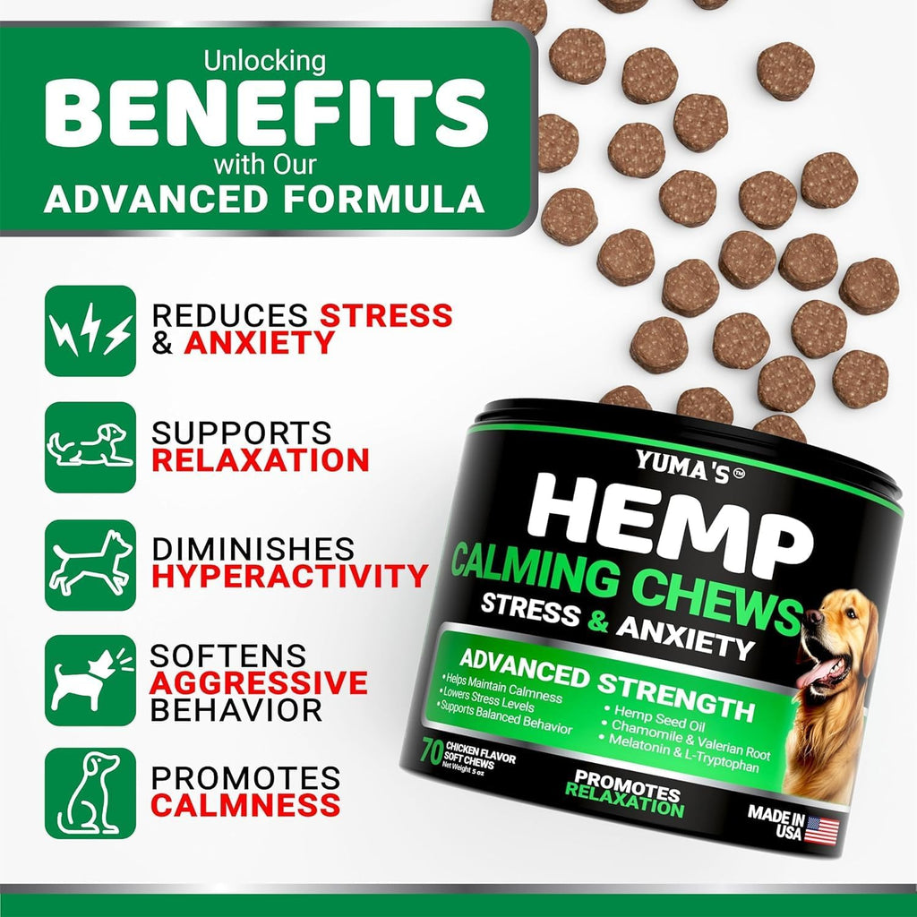USA imported hemp dog calming treats showing chicken flavor soft chews text.